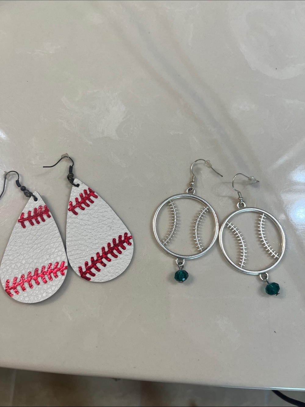 Baseball Stitch Teardrop & Hoop Earrings - White with Red and Teal Accents